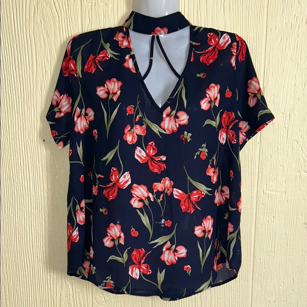 Floral Choker Neck Blouse - Red and Black